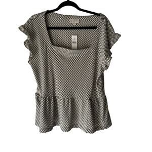 LOFT Outlet Gingham Ruffle Sleeve Peplum Blouse‎ Gray White L NWT